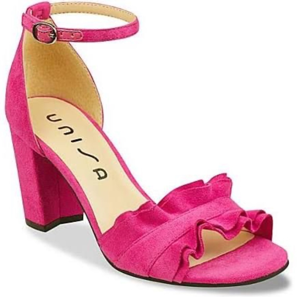 Unisa Pink Suede "Daria" Ruffle Detail Sandal with 3" Block Heel - Size 10M